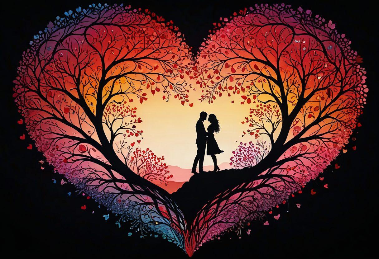 A captivating illustration showcasing the journey of love, featuring a heart composed of interwoven threads representing different relationships. Surround it with vibrant colors symbolizing various emotions like joy, affection, and passion. Include silhouettes of diverse couples sharing intimate moments, and a background with soft, flowing shapes that evoke warmth and connection. surrealistic. rich textures. vibrant colors.