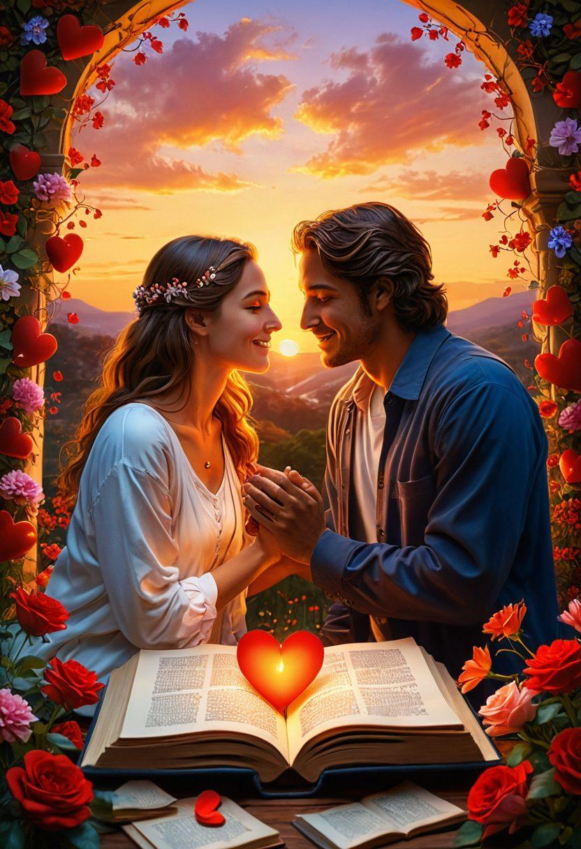 A warm and inviting scene of two people sharing a heartfelt moment, surrounded by symbols of passion like hearts and flowers, intertwined with elements representing compassion like helping hands and open books. The background features a soft sunset that casts a golden glow, symbolizing warmth in relationships. Emphasize emotional expressions and connection between the figures. super-realistic. vibrant colors. warm tones.
