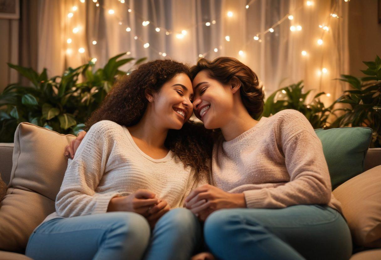 A warm, intimate scene of two people sitting closely on a cozy couch, sharing laughter and genuine conversation. Surround them with soft, glowing fairy lights and a background filled with lush plants symbolizing growth and connection. Include subtle heart shapes in the atmosphere to enhance the theme of affection. super-realistic. warm tones. soft focus.